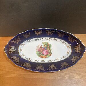 Vintage Cobalt Blue Gold Romantic Fragonard Style Oval Serving Platter 10.5"